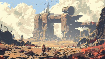 Craft a pixel art scene depicting a lone adventurer trekking through a desolate, pixelated wasteland filled with remnants of a lost civilization Utilize a restricted color palette to enhance the stark