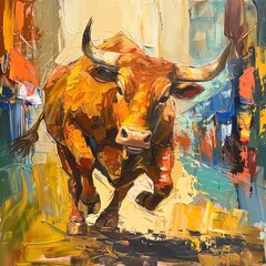 Craft a traditional oil painting depicting a wide-angle view of the stock market bull as a symbol of prosperity Implement bold brush strokes and rich textures to highlight the energy and momentum of a