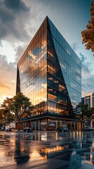 Design a modern office building in photorealistic style at a dramatic tilted angle view, highlighting glass facades and reflective surfaces to convey sophistication and elegance - obrazy, fototapety, plakaty