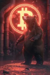 Illustrate a 3D CG rendering of a bear standing in astonishment as a giant, glowing Bitcoin symbol hovers above at an exaggerated, tilted angle Ensure the scene is digitally detailed to enhance the aw - obrazy, fototapety, plakaty