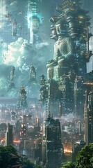 Illustrate a futuristic digital cityscape where holographic temples and floating statues symbolize a harmonious blend of technology and spirituality Digital Rendering Techniques