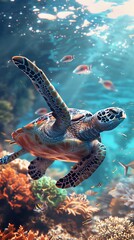 Obraz na płótnie Canvas Illustrate a serene underwater scene through a vector art depiction of a majestic sea turtle swimming gracefully at eye level Use vibrant colors to bring the ocean floor to life and convey the peacefu