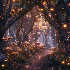 Illustrate a whimsical forest scene from the perspective of a tiny creature looking up, using traditional art medium Infuse the image with magical elements like glowing mushrooms and fluttering fairie