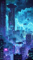 In a detailed pixel art style, showcase a futuristic cityscape with skyscrapers made of glowing circuit boards and flying cars zipping through digital clouds