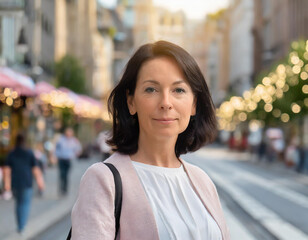 A woman in a city environment making eye contact.