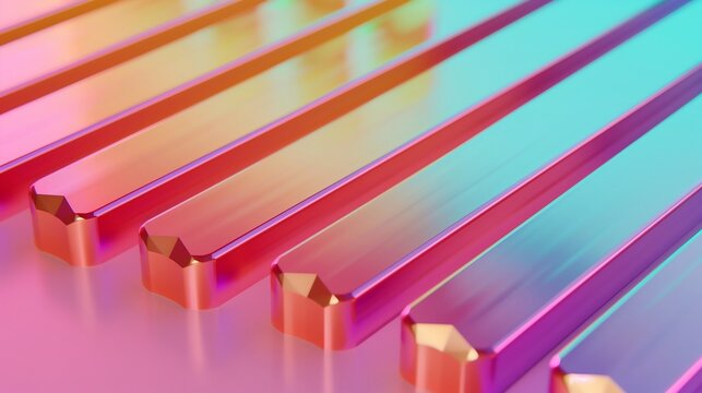 Abstract metal bars with rainbow chromatic synthwave reflections; compelling material background image
