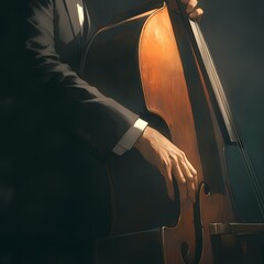 Captivating Close-Up of Double Bass Player on Stage in High-End Black Suit, Emphasizing Hands and Instrument Details - obrazy, fototapety, plakaty