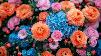  orange, blue, pink, and red flowers in the backdrop