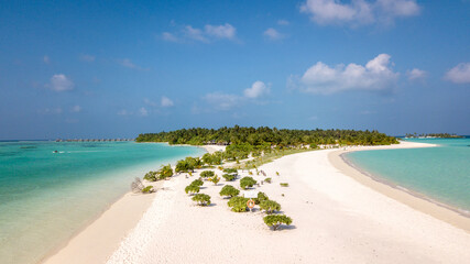Aerial shot of a beach in the Maldives