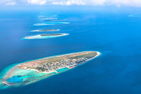 Aerial view of Baa Atoll islands  in Maldives