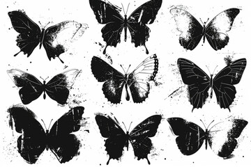 Set of black butterflies in the style of grunge stamp and organic shapes. Tattoo silhouette, hand drawn stickers, Y2k aesthetic. Vector graphic in trendy retro 90s style. Grain texture butterfly vecto