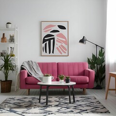 Pink Couch in a Modern Living Room with a Coffee Table and Wall Art