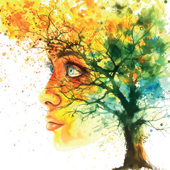 Abstract beautiful woman face drawn with watercolor