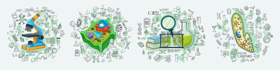 Four sections depicting various scientific elements and tools in a doodle like style on a light background, concept of education and research. Vector illustration