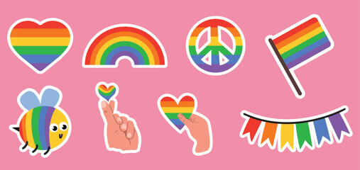 lgbt pride sticker set, pride month isolated icons, rainbow and heart, gay symbol