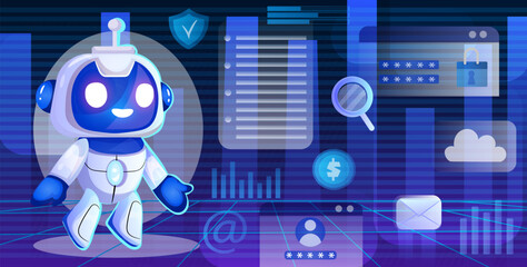 A cheerful robot in a digital environment, vector illustration on a vibrant blue background, concept of technology and security. Vector illustration
