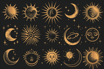 Vector golden set of mystical magic different sun and moon. Spiritual occultism objects, trendy style. Elements template for posters, prints, patterns, illustrations and logos vector icon, white backg