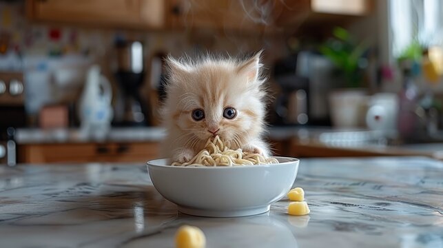   A small kitten consumes milk from a white bowl, positioned on a counter Nearby, a bowl of macaroni and cheese remains untouched