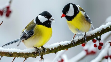 Two small birds perched on a snowy tree branch