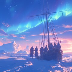 Inuit Tribesmen Embarking on a Whaling Expedition under the Northern Lights - obrazy, fototapety, plakaty
