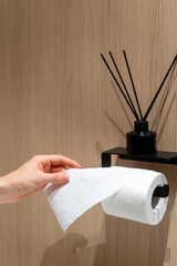 Vertical shot of woman hand holding toilet paper near black metal holder