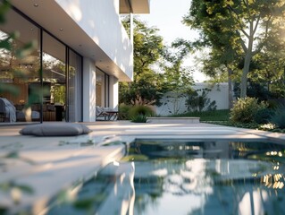 Fototapeta premium A pool in the middle of a backyard, suitable for lifestyle and real estate concepts
