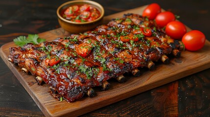   A wooden cutting board holds ribs coated in BBQ sauce, garnished with tomatoes and parsley
