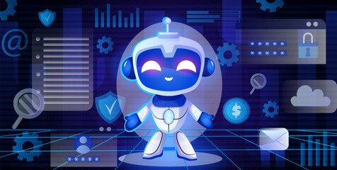 A smiling cartoon robot in a digital environment with cybersecurity and technology symbols, vector illustration on a dark, blue background, concept of digital security. Vector illustration