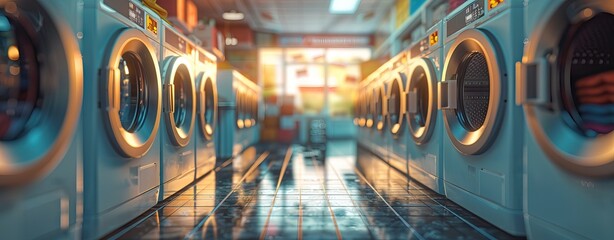Washing machines, dryer and other domestic appliance equipment in the store. AI generated illustration - obrazy, fototapety, plakaty