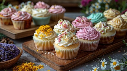   A table, laden with numerous cupcakes - their surfaces smothered in frosting and adorned with vibrant sprinkles - stands adjacent to a bowl brimming