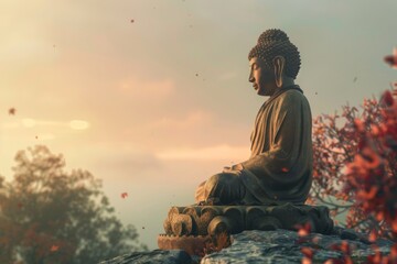 Serenity captured: buddha statue meditating in the soothing sunset glow, surrounded by autumn leaves