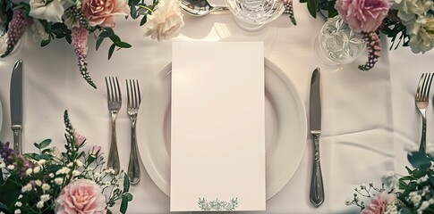 Menu, wedding invitation mock up. Beautiful table setting on gray linen tablecloth. Festive table setting for wedding dinner with pink spray roses and cabdle. AI generated illustration - obrazy, fototapety, plakaty