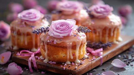   A tight shot of a wooden board holding a plate full of cupcakes, their luscious frosting crowned with fresh flowers - obrazy, fototapety, plakaty