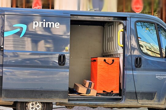 Amazon parcel delivery service truck at work on city roads Turin Italy April 11 2024