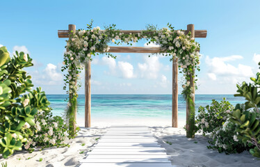 Obraz na płótnie Canvas Beautiful arch with flowers at the beach on a sunny day