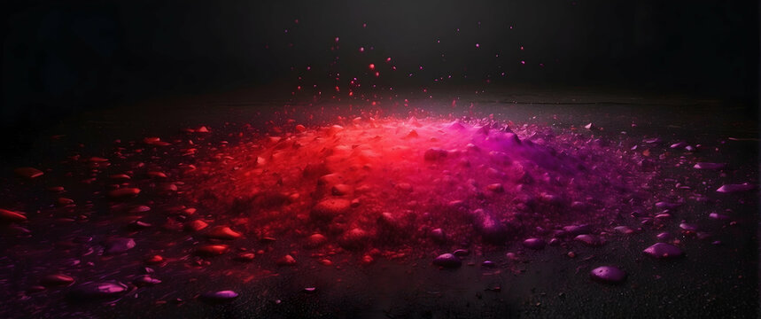 This image captures a dramatic eruption of red particles against a black background, symbolizing chaotic beauty or explosive creativity