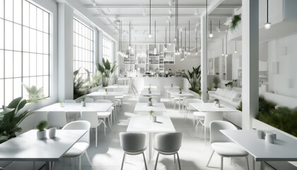 白い内装のカフェのインテリア