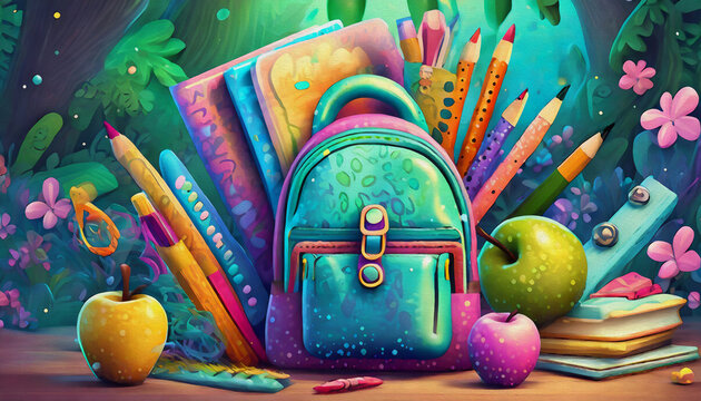 oil painting style cartoon character School supplies in a backpack