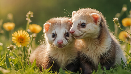 cute ferret on the summer lawn, flowers