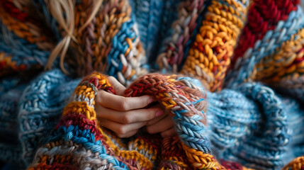 Woman crocheting a large cozy wool plaid - obrazy, fototapety, plakaty