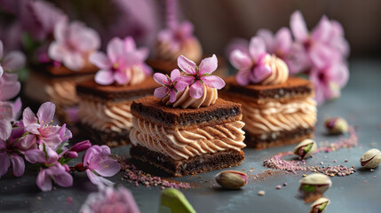   A table is adorned with an array of desserts, each topped with a purple flower