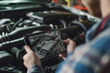 Technician employs ar diagnostics software on a tablet to inspect vehicle engine components