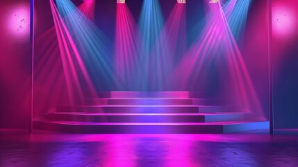Fototapeta premium An empty stage bathed in neon lights with a futuristic and vibrant atmosphere, showcasing dynamic stage lighting.
