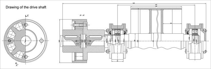 Assembly drawing of reducer.
Vector drawing of steel mechanical device with shaft, gear, 
electric engine, bolted connection and dimension lines. Engineering cad scheme. Technical template. 

