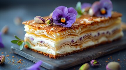  a cake sits atop, adorned with purple pansies