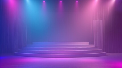 An empty stage bathed in neon lights with a futuristic and vibrant atmosphere, showcasing dynamic stage lighting.