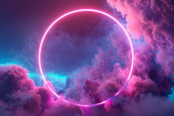 3d render of a pink blue neon light round frame with stormy clouds and copy space abstract minimal background digital ilustration - obrazy, fototapety, plakaty