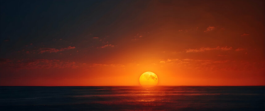 The image depicts an oversized sun setting over the ocean's horizon, with a vibrant play of orange and red hues piercing through scattered clouds
