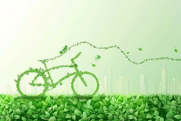 Green Eco-Friendly City Concept with Leafy Bicycle Illustration - obrazy, fototapety, plakaty