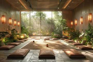 tranquil indoor garden yoga studio with natural light and lush greenery - obrazy, fototapety, plakaty